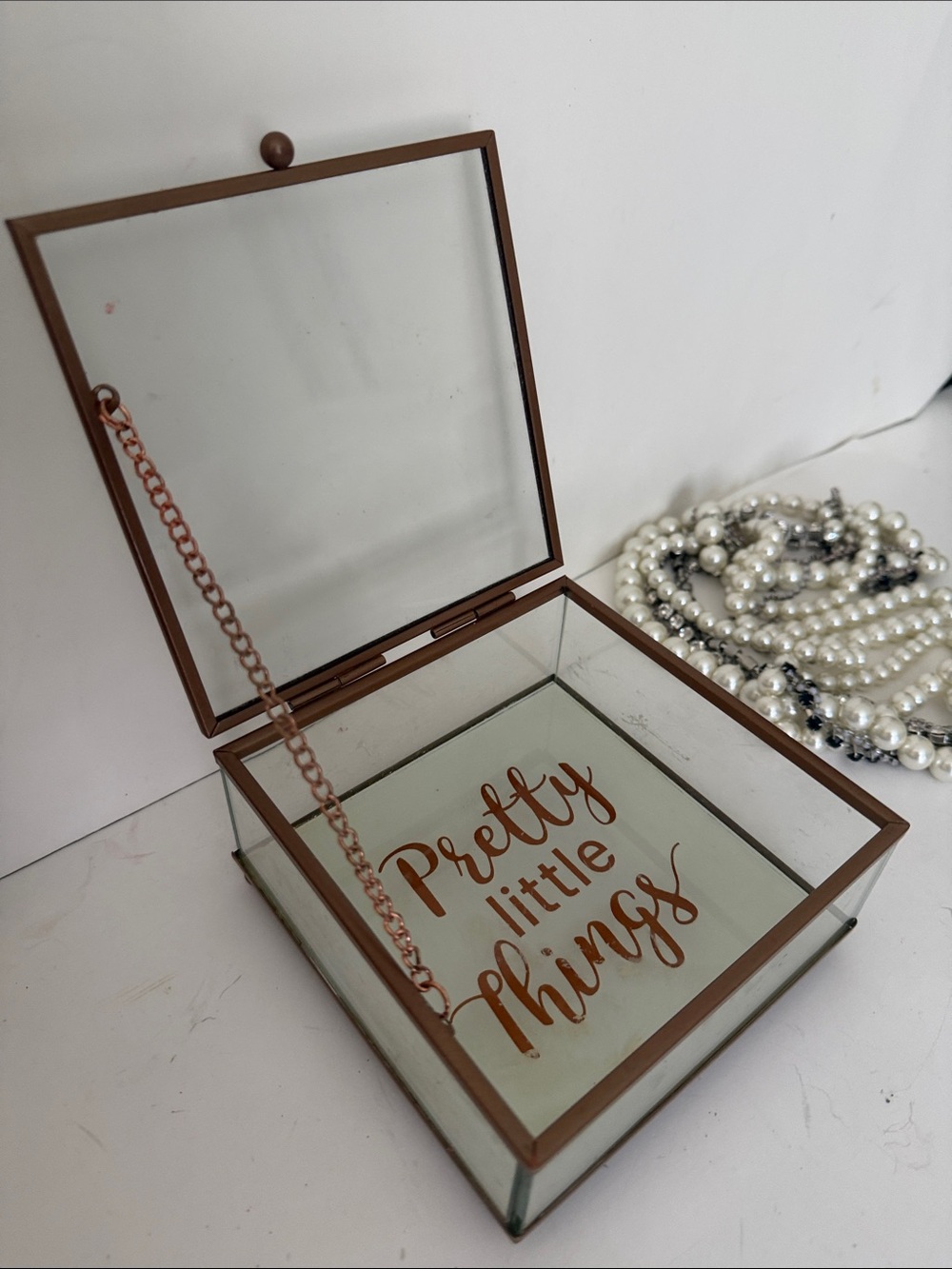 Glass Jewelry Trinket Box - Rose Gold Accents, "Pretty Little Things", 5”x5”x2.5